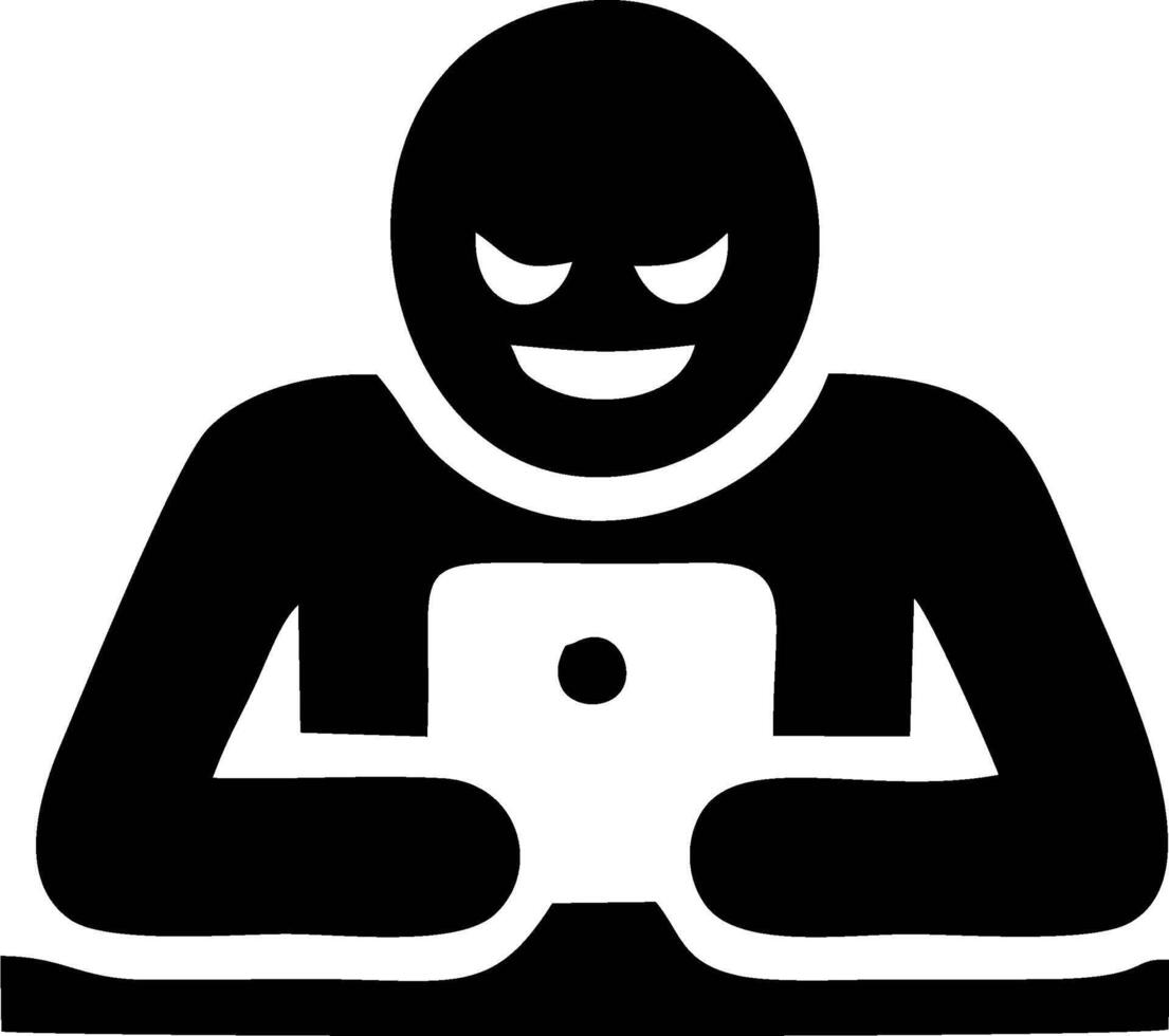 Malicious internet user engrossed in a mobile device vector