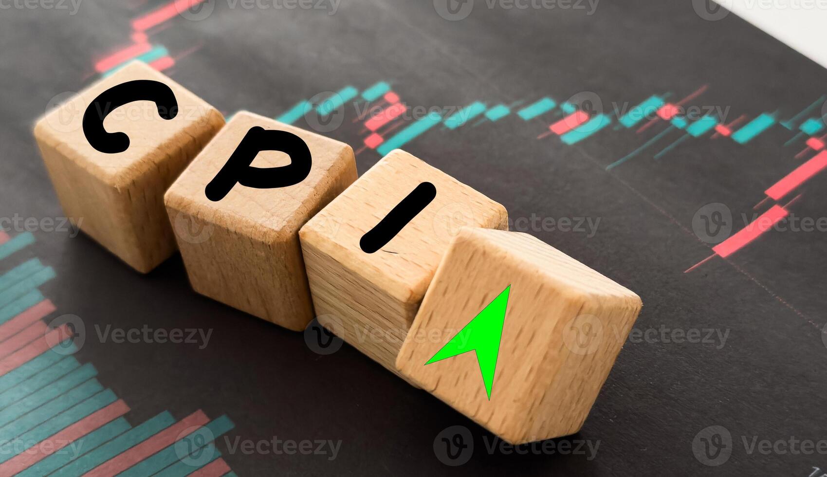 letters cpi with a blurred stock market candlestick chart in the background, symbolizing investment, financial growth, and market fluctuations. photo