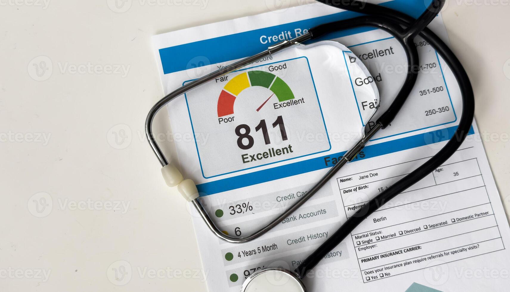 stethoscope on financial statement concept for finance health check or cost of healthcare photo