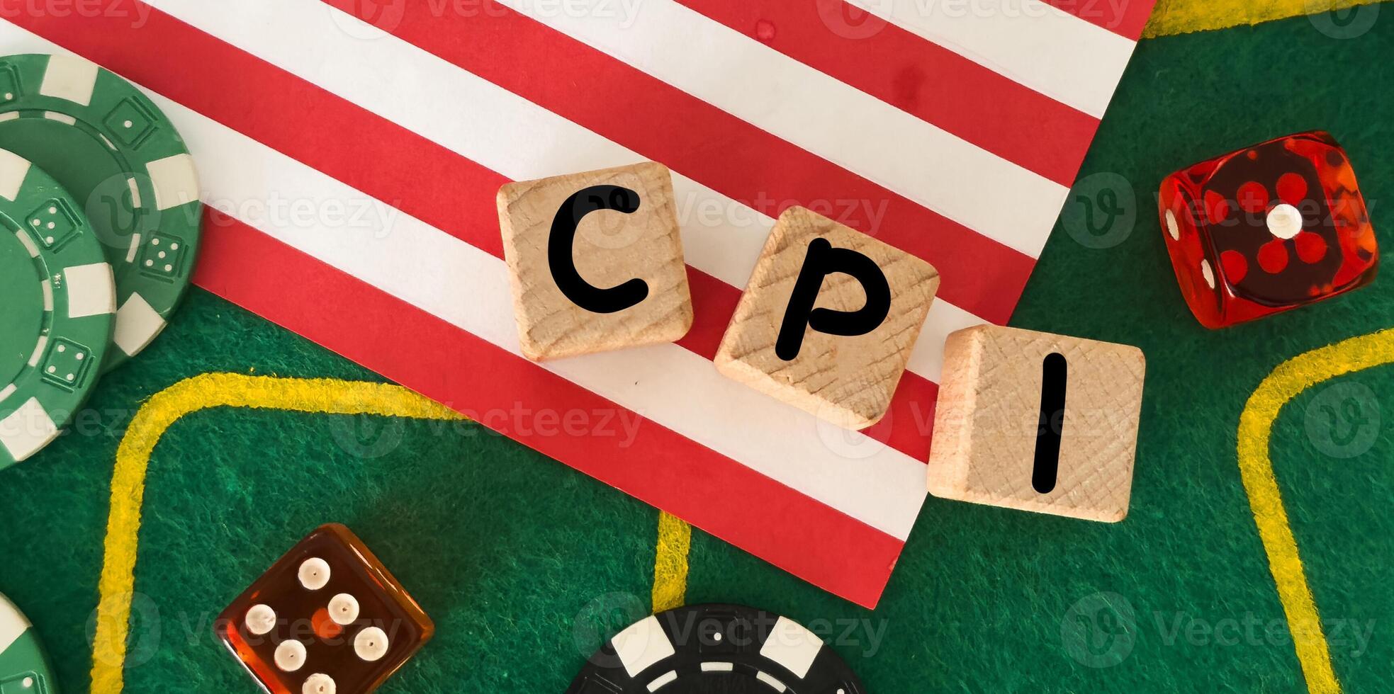 CPI, consumer price index concept. Wooden block with the words CPI . Goods price inflation and inflation rising. Impact on economic growth with relate. photo
