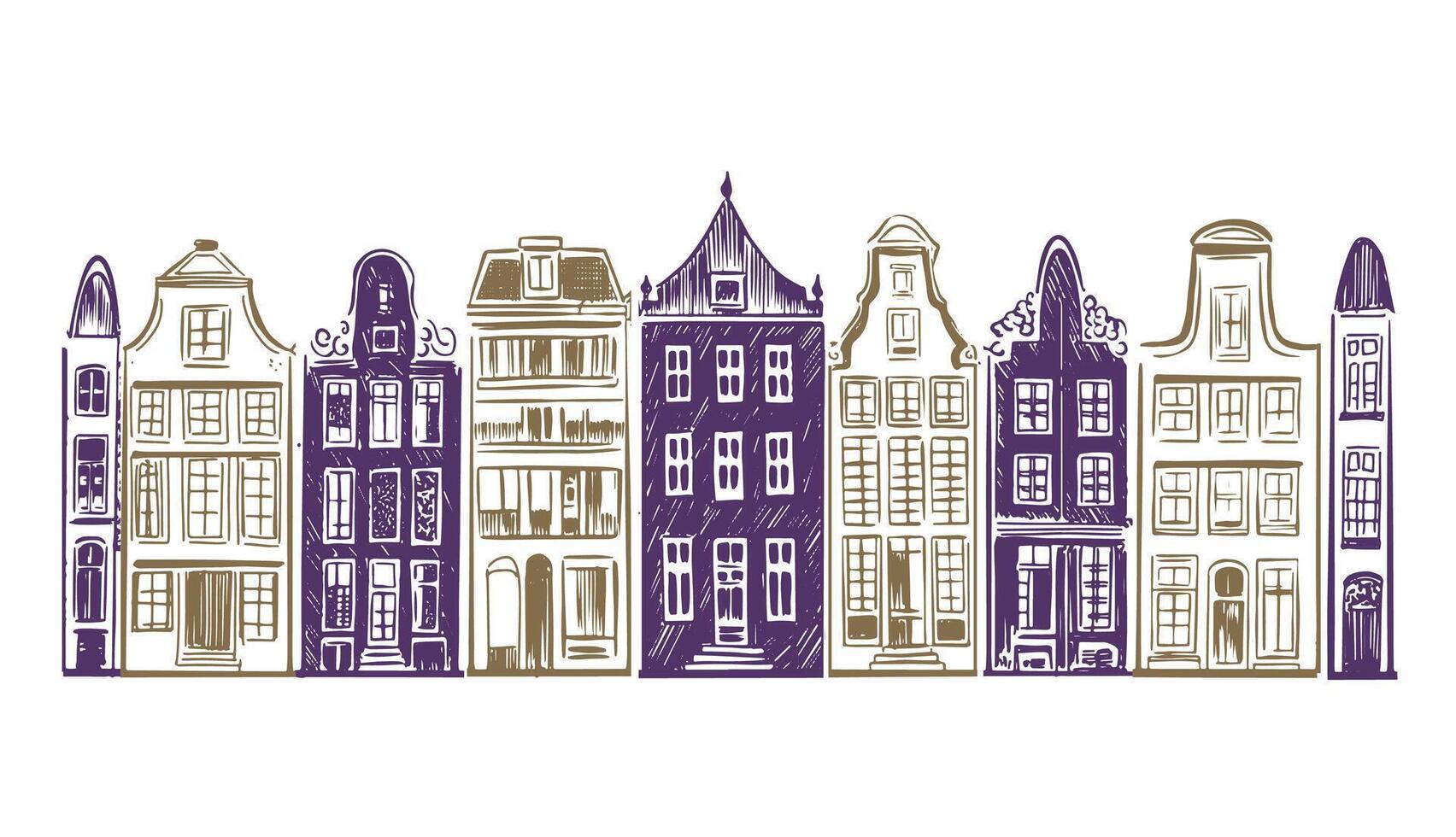 Buildings standing in row on white. Amsterdam canal houses, Hand drawn illustration. vector