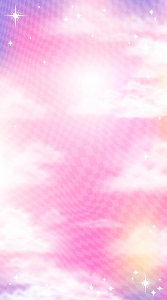 Fantasy background with pink and purple gradient, soft clouds, sparkles and glowing stars. Dreamy and whimsical atmosphere, perfect for magical themes and celestial designs. illustration. vector