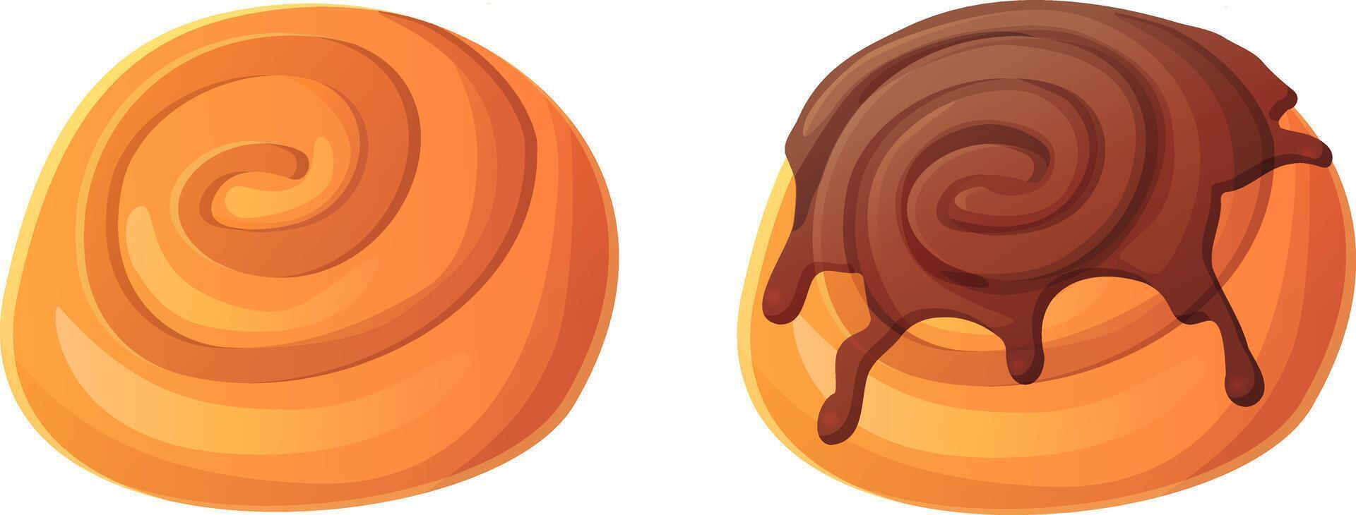 Set of two cartoon-style cinnamon rolls, one plain and one topped with dripping chocolate glaze. Tasty pastry elements isolated on white background, perfect for food-themed designs and bakery-related visuals. vector