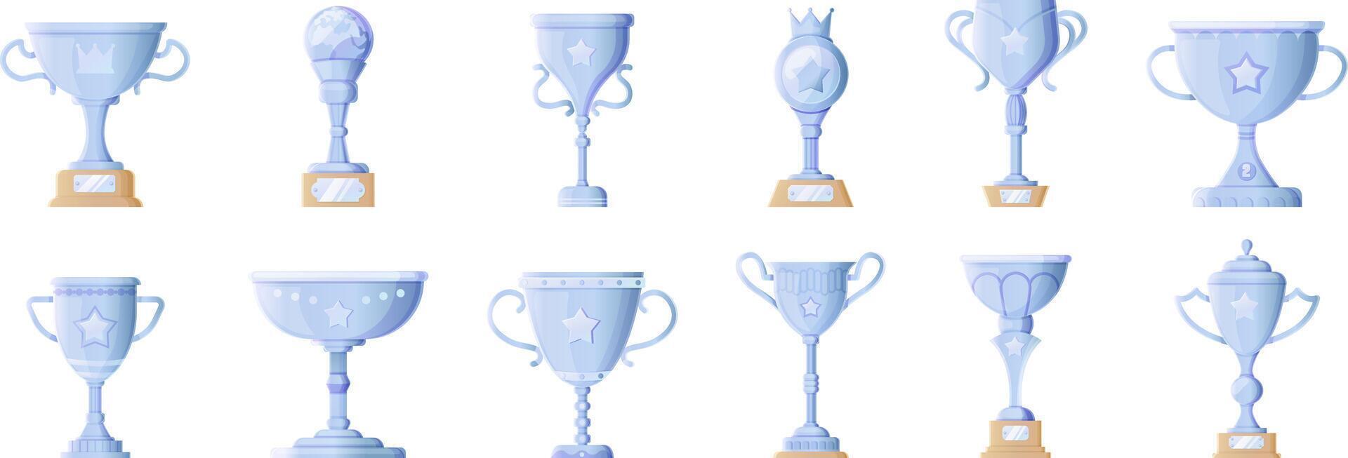 Various silver trophies with intricate designs and star emblems vector
