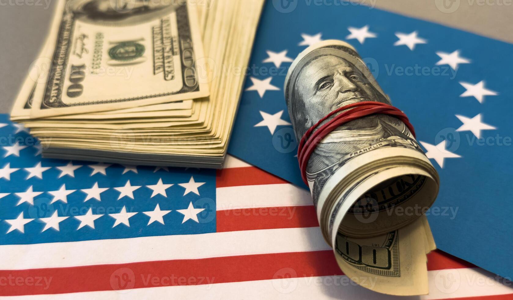 Import Trade Tariffs increase concept with United States of America Flag. Trade wars. flag of the European Union photo