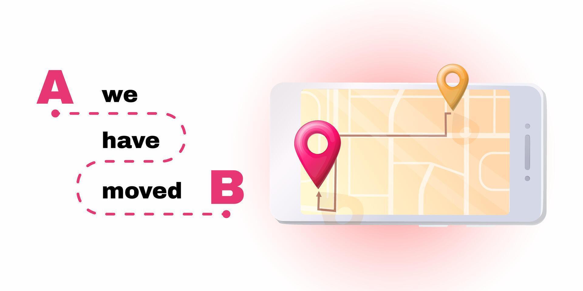 Flat illustration showing relocation notice with path from A to B and map on smartphone screen. Business announcement or template design. Stock illustration in flat style. vector
