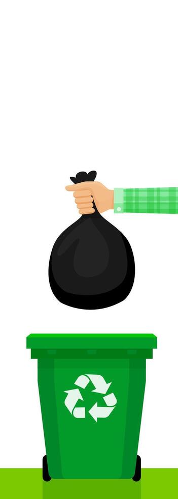 hand holding black plastic trash bag and green bin, bags waste and hands throwing garbage isolated on white, plastic bags of garbage waste in hand, bin bag plastic for disposal garbage and copy space vector
