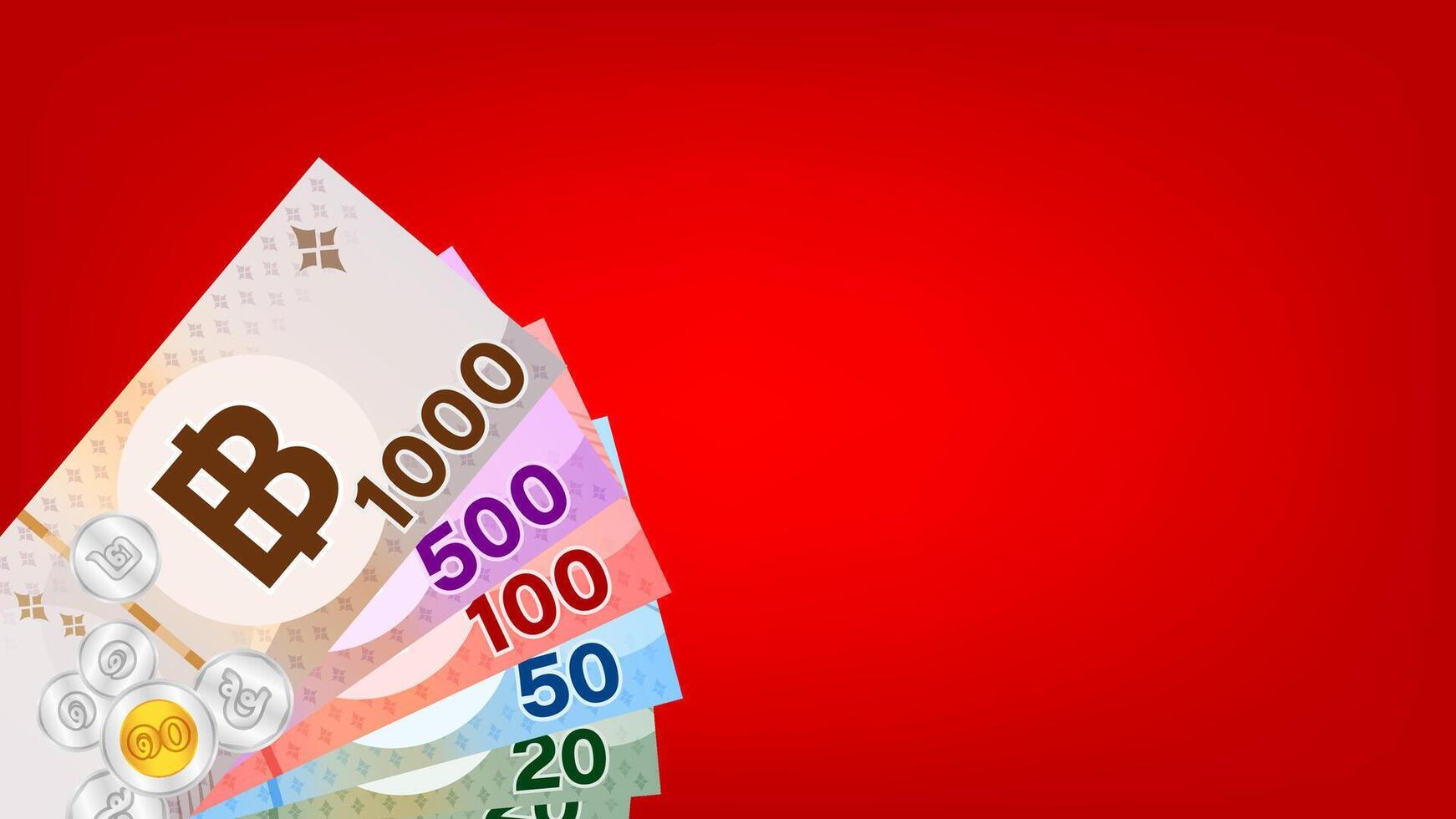 banknote money thai baht on red background, thai currency THB for background, money thailand baht flat style in top view, paper money and space for banner, illustration bank note and copy space text vector
