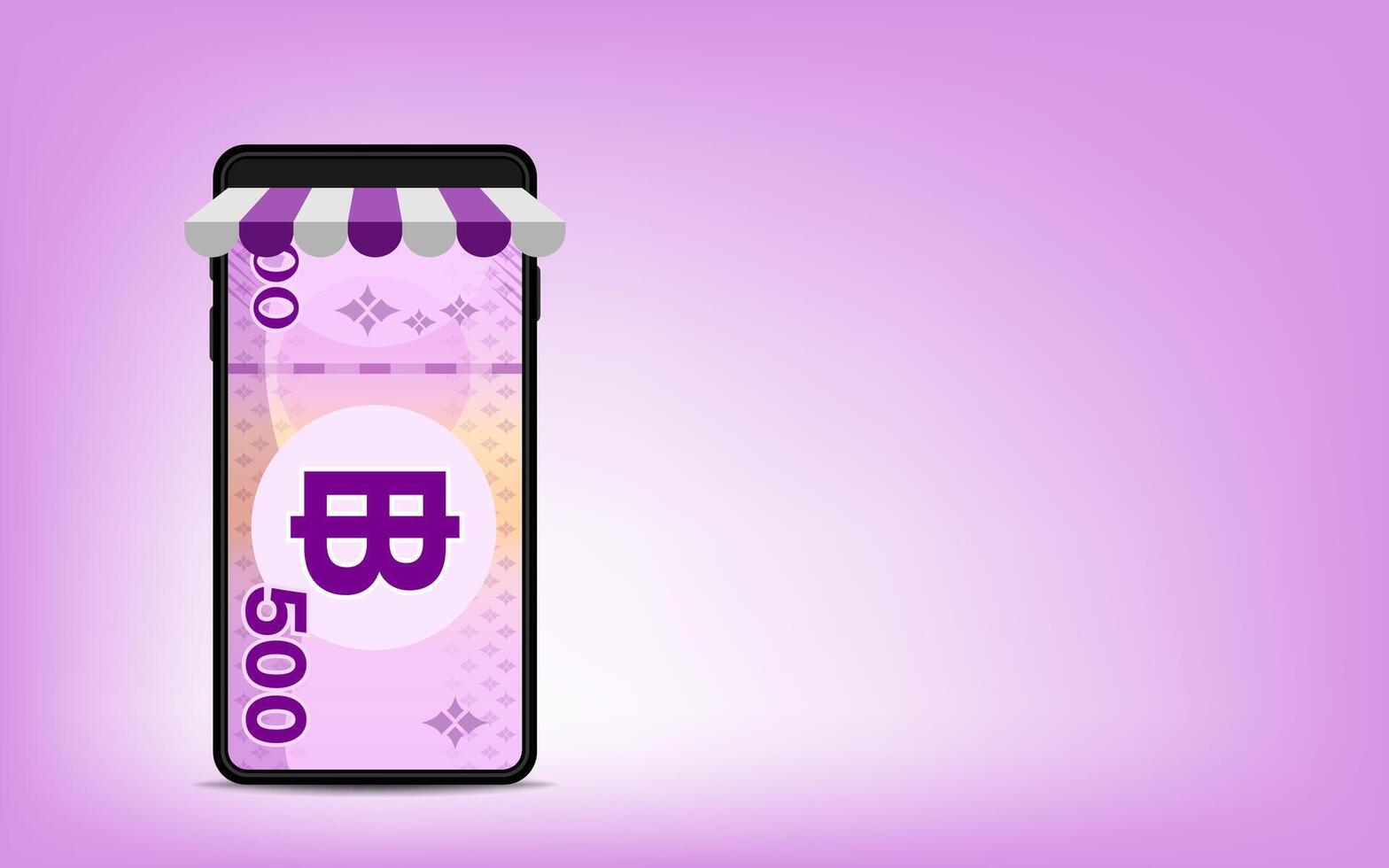 money 500 baht banknote thai in smartphone screen, bank note money thailand THB on smart phone screen, mobile phone for currency wallet, paper money in smartphone, online shopping concept, copy space vector
