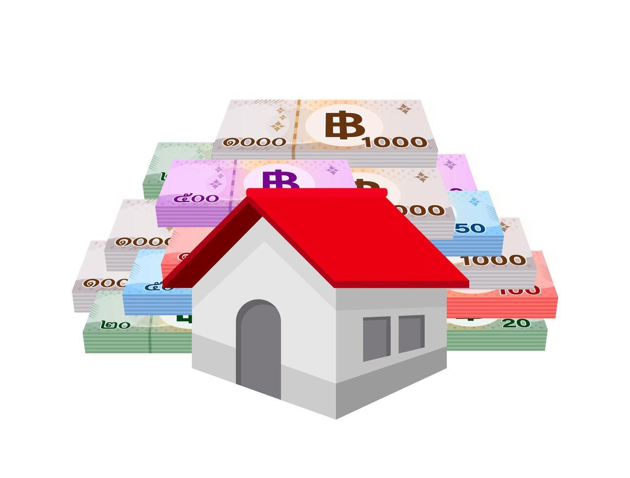 pile money banknote thai baht and house, residential home on bank note money thai baht, money stack 1000, 500, 100, 50, 20 THB real estate concept, business property credit and finance idea vector