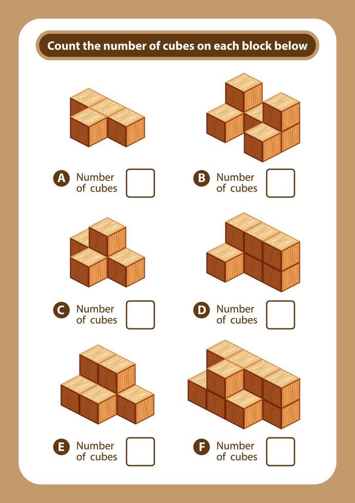 articles sheet count the number of cubes on each block, kids activity sheet for counting number 3d cubes, logic counting for preschool children, worksheet educational mathematical game for printable vector