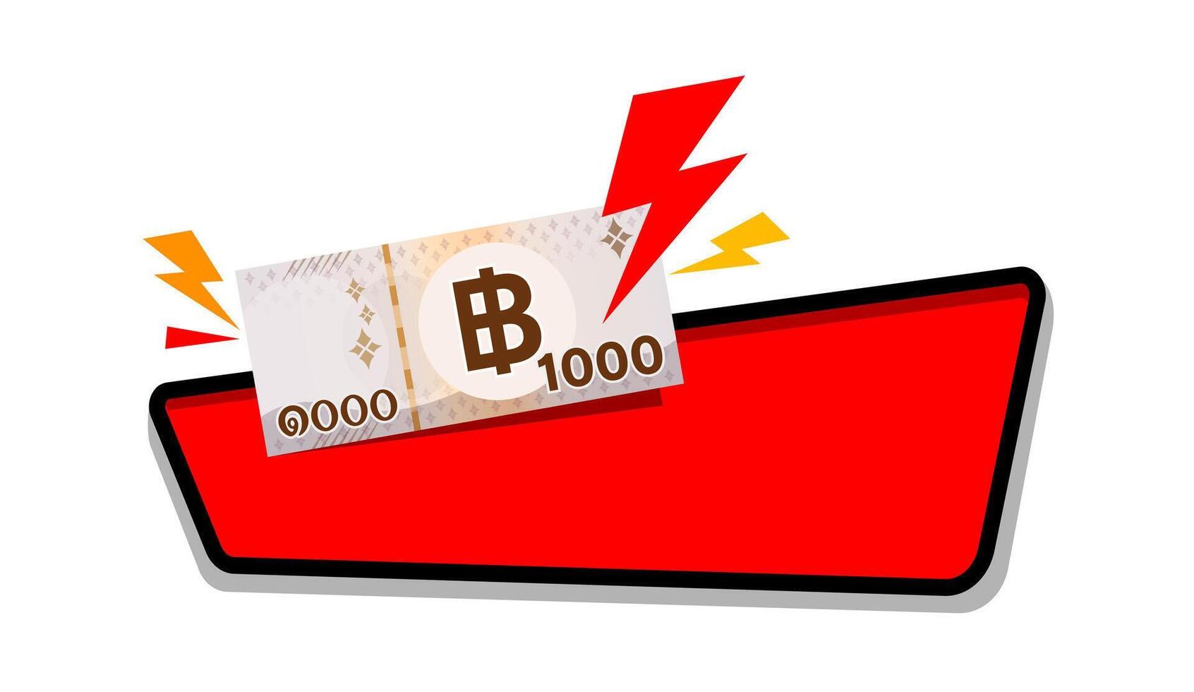 1000 baht thai money with thunder icon on red label for banner, banknote money THB falling with thunder storm symbol, bank note paper money baht and sticker for advertising banner, copy space vector