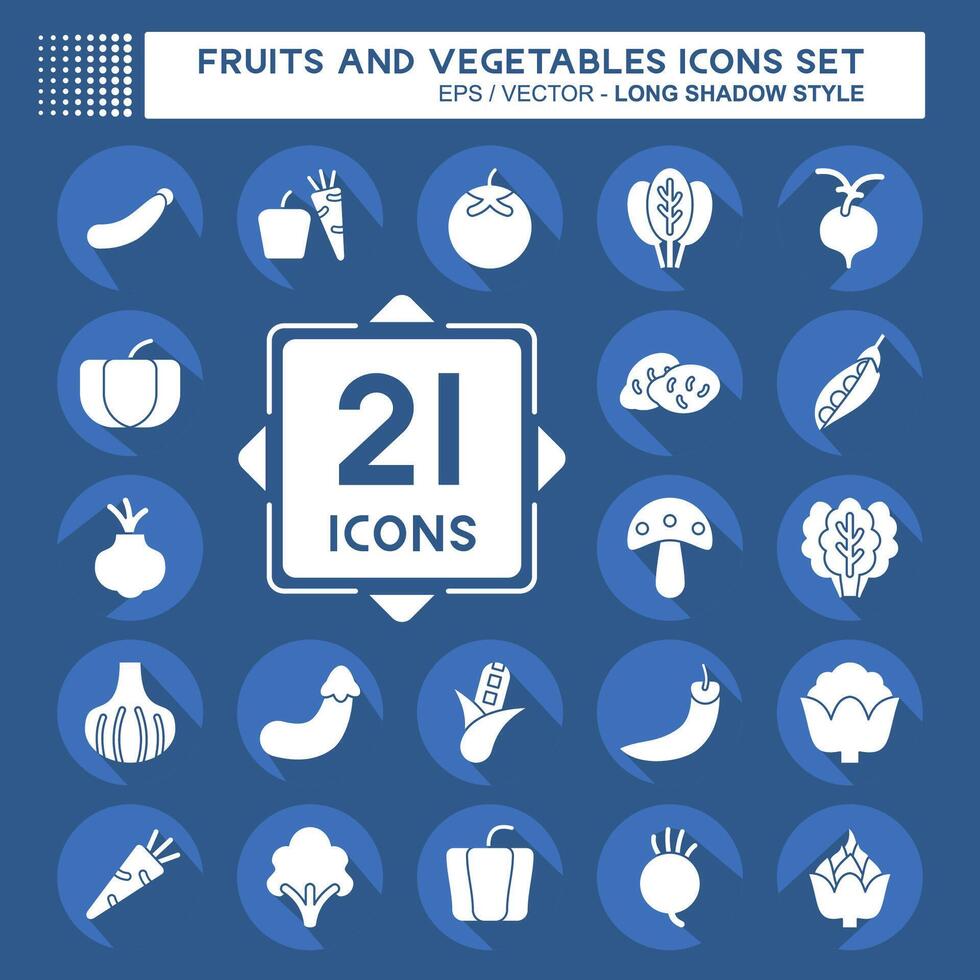 Icon Set Fruits and Vegetables. related to Education symbol. long shadow style. editable vector
