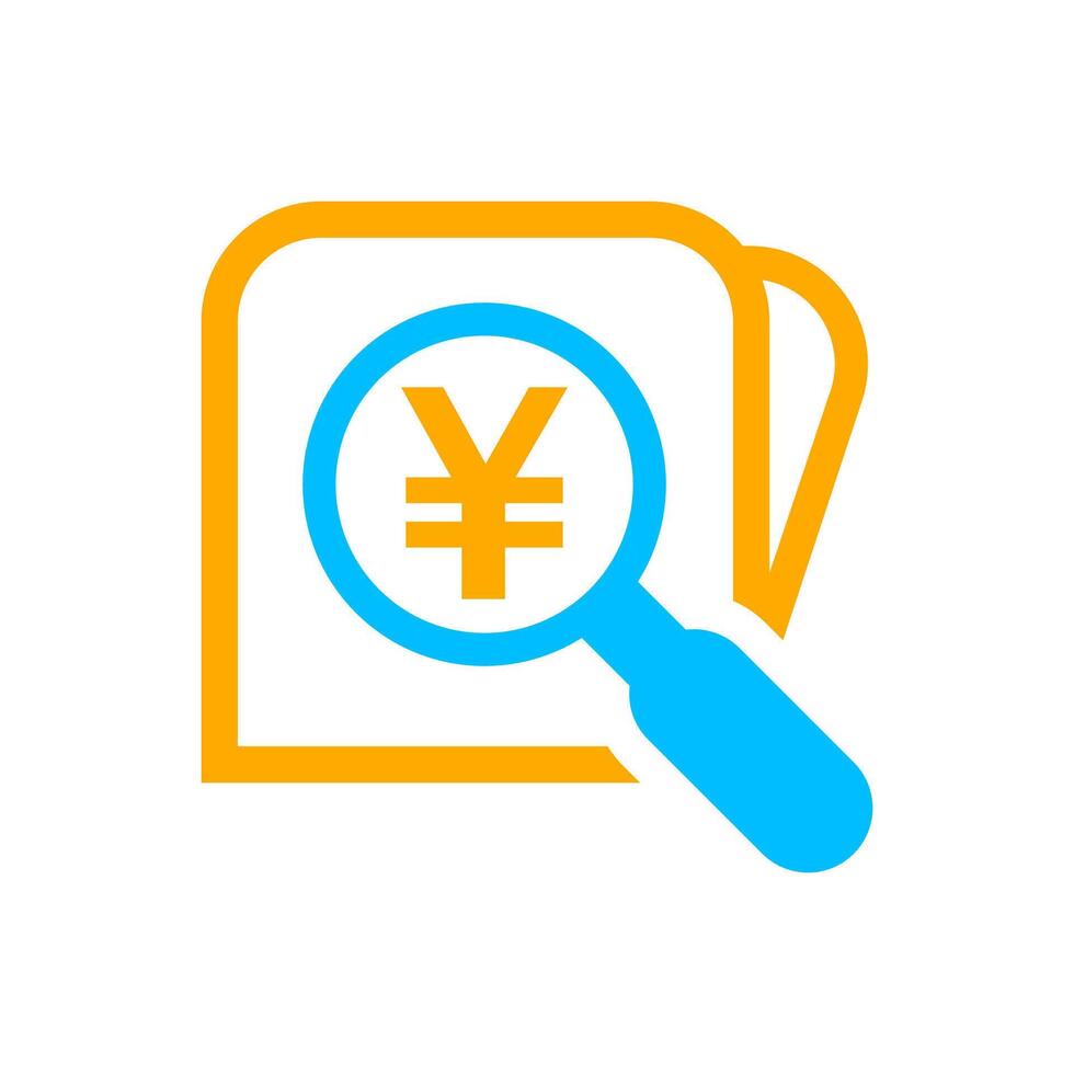 magnifying glass with yen currency money search icon, yen coin with magnifying glass for button app, research icon blue on orange wallet, yen money symbol in search icon isolated on white vector