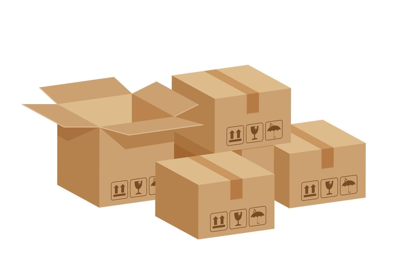 stack crate boxes brown and box open isolated on white, cardboard box for factory warehouse storage, cardboard parcel boxes, pile of warehouse factory, packaging boxes brown cargo industrial logistic vector