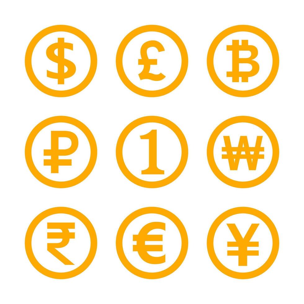 money symbol set isolated on white, international, currency icon yellow gold, golden money emblem for financial clip art, money currency sign dollar, euro, baht, yen, one, 1, won, rupee and others vector