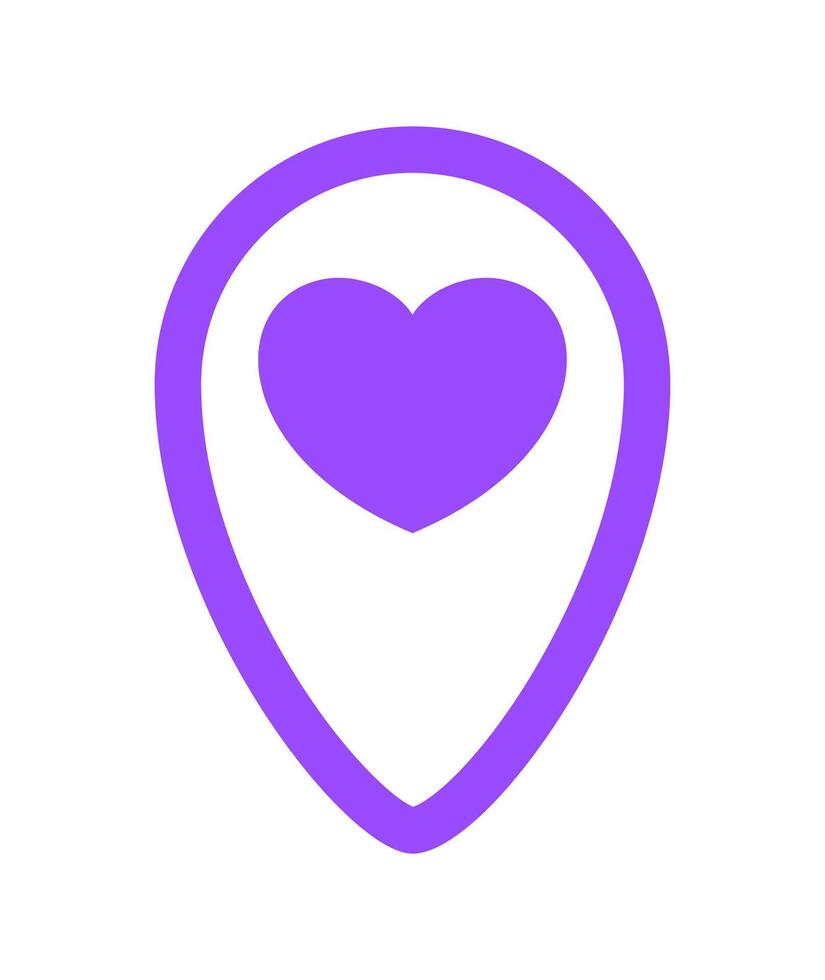heart symbol in purple pin point icon isolated on white, pointer white heart shape for position marker, cute heart simple with pin point symbol, pin pointer for love location place or direction idea vector