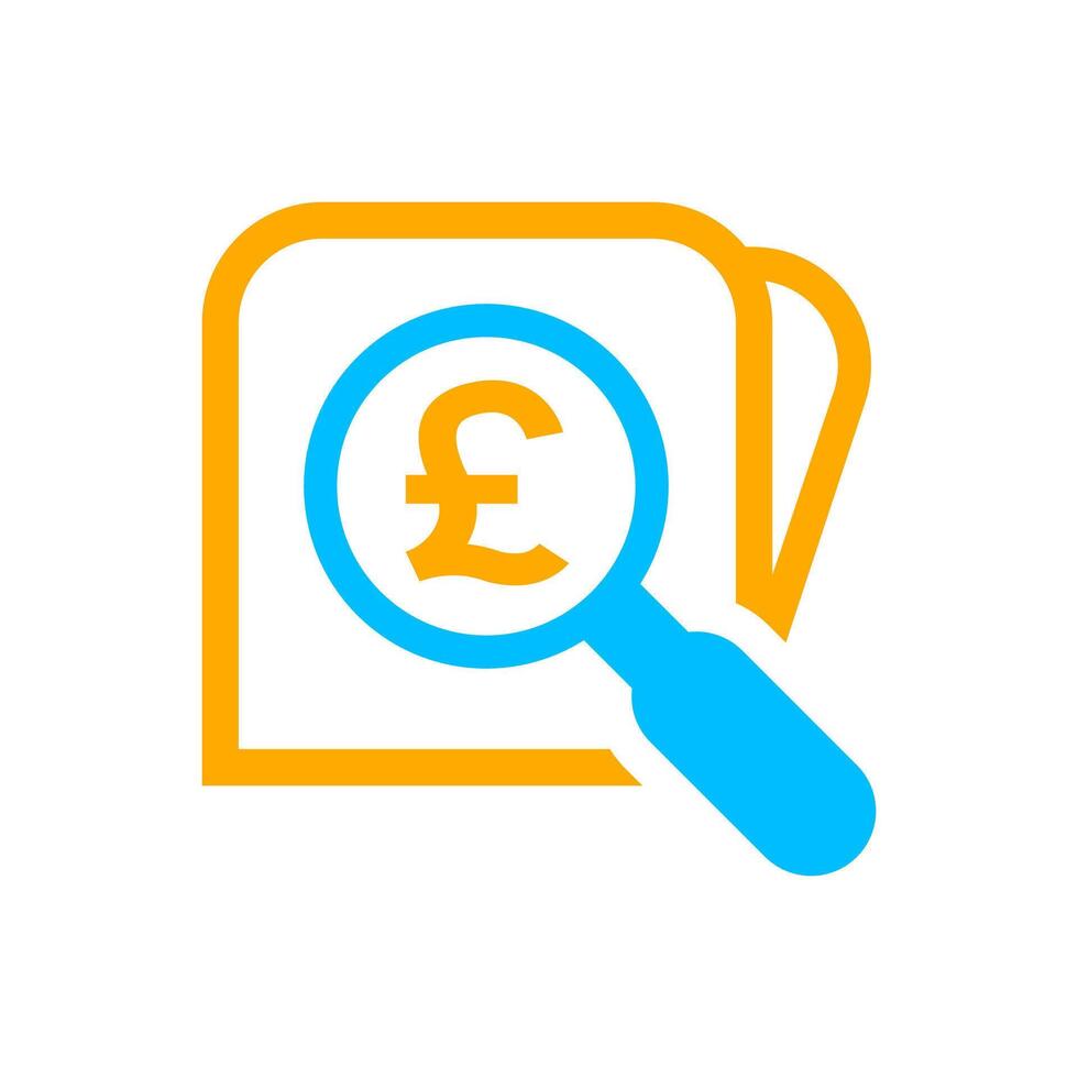magnifying glass with pound currency money search icon, pound coin with magnifying glass for button app, research icon blue on orange wallet, pound money symbol in search symbol isolated on white vector