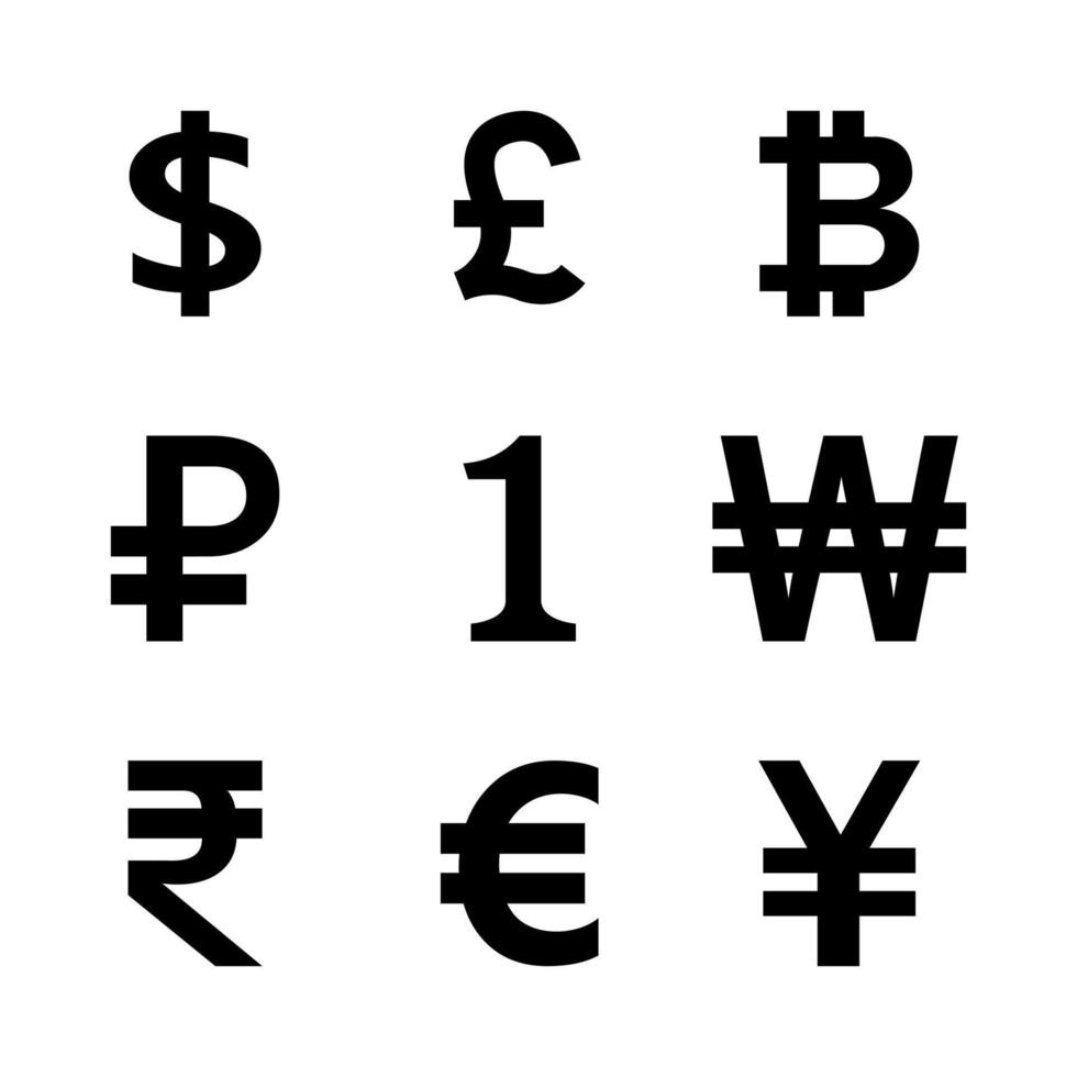 money symbol black set isolated on white, international currency icon graphic flat, golden money symbol for financial clip art, money currency sign others, dollar, euro, baht, yen, one, 1, won, rupee vector