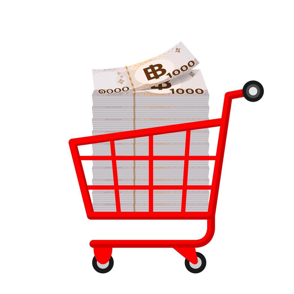 banknote money 1000 baht thai in red cart, bank note money baht in trolley cart shopping, icon paper money stack THB type isolated on white, business finance and shopping online concept vector
