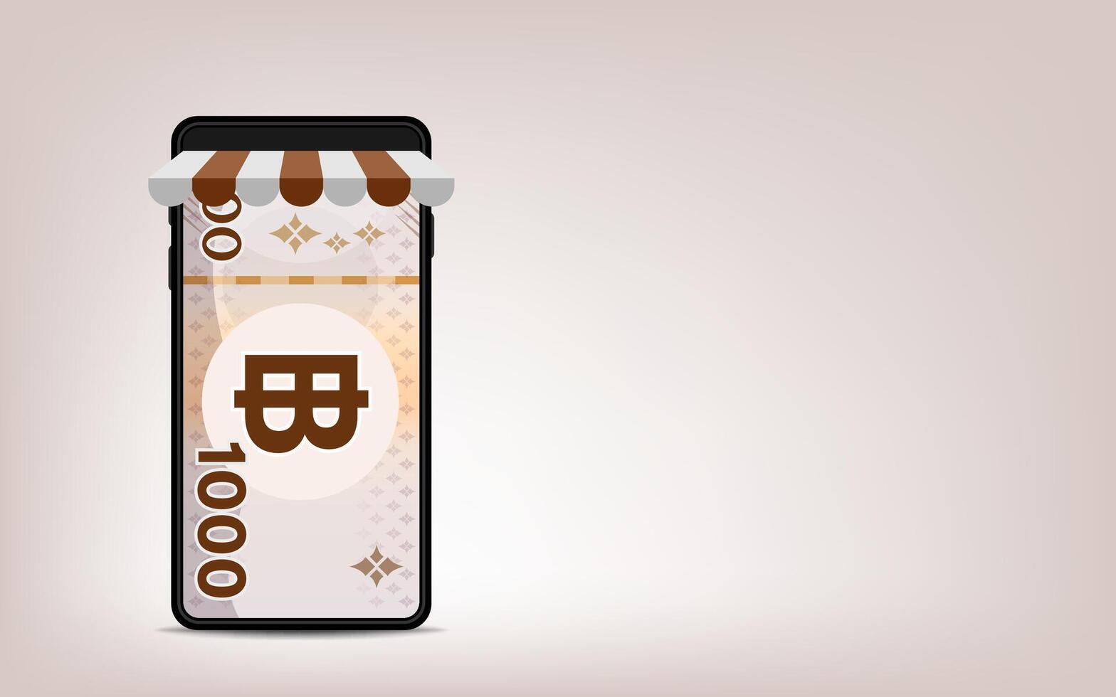 money 1000 baht banknote thai in smartphone screen, bank note money thailand THB on smart phone screen, mobile phone for currency wallet, paper money in smartphone, online shopping concept, copy space vector