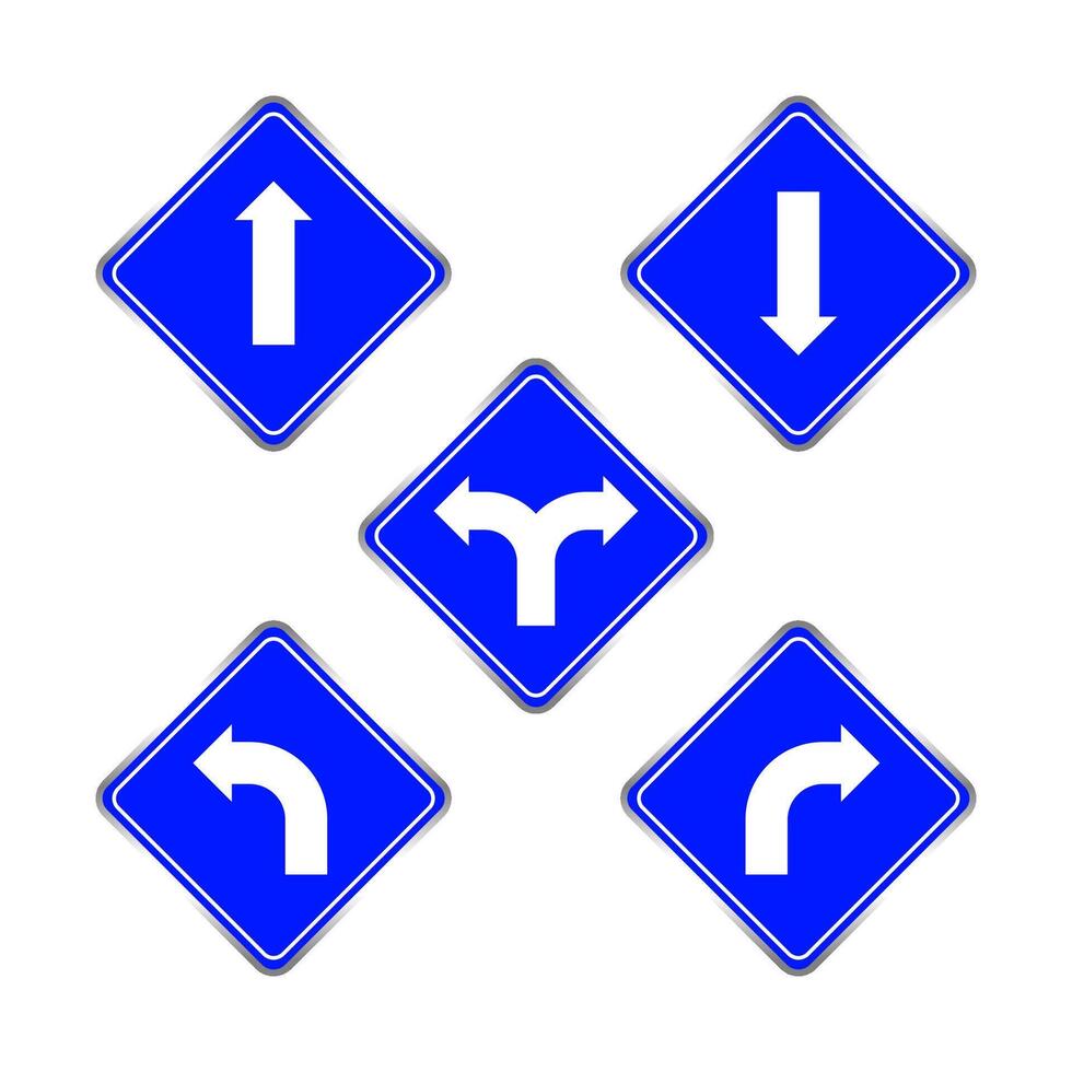 road signs blue set, traffic road sign blue isolated on white, signpost caution for direction, road sign and white arrow pointing vector