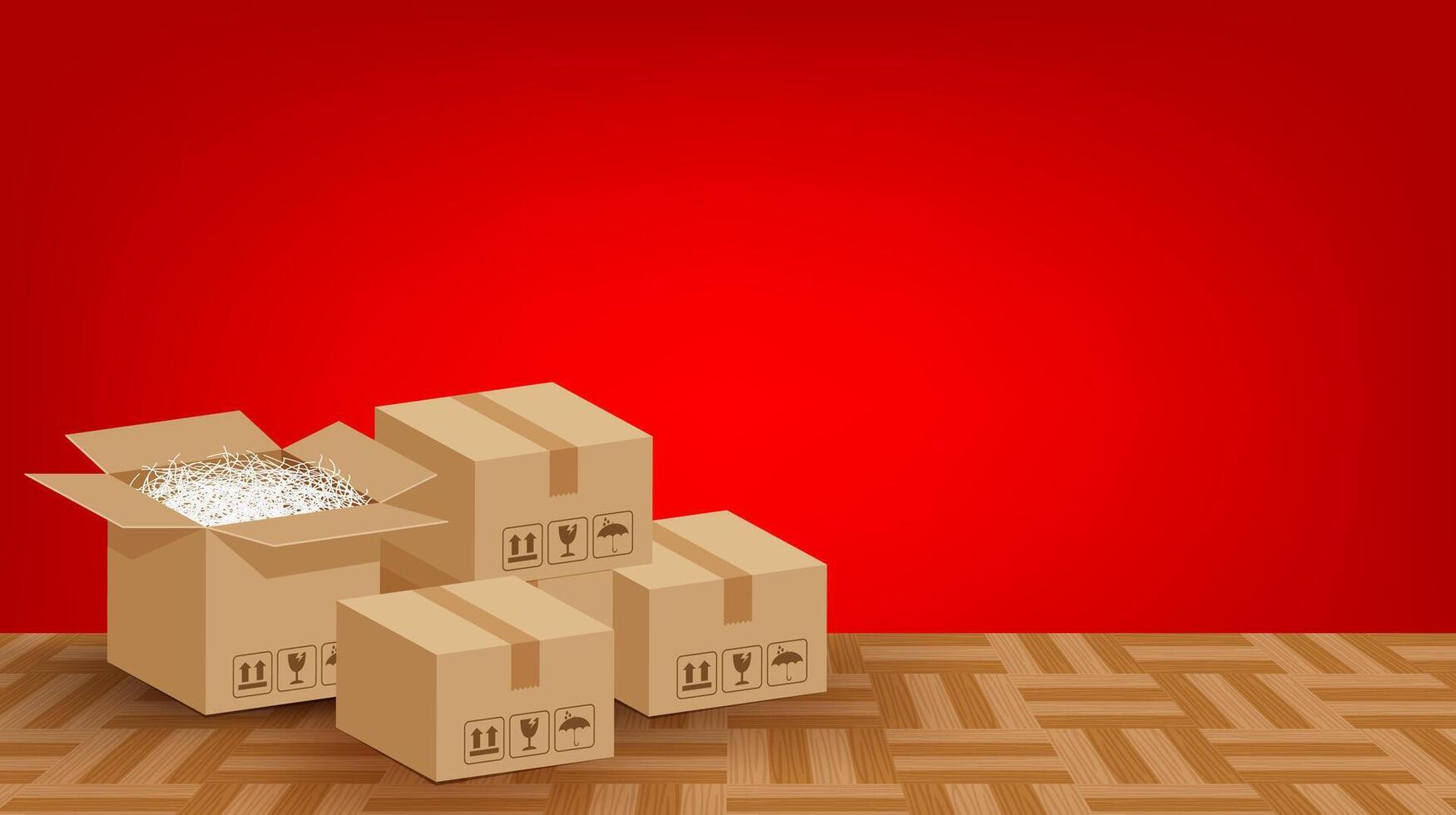pile boxes brown placed on the parquet floor in the red room empty, cardboard carton box and copy space ad, stack cardboard box carton on the room floor, parcel boxes brown packaging for transport vector