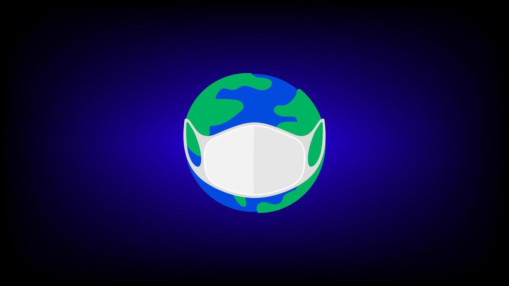 globe and medical mask on blue dark background, mask protective for global concept, protective mask on earth, respirator medical mask on world icon vector