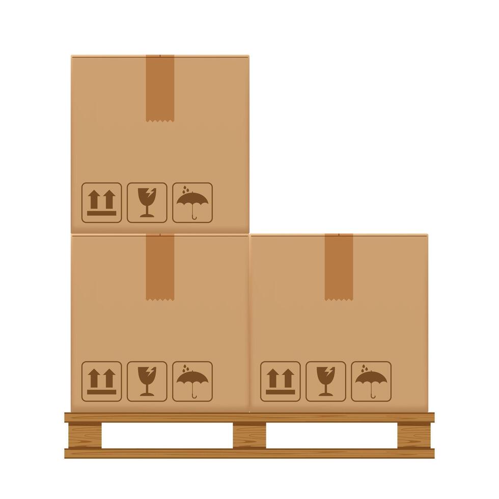 crate boxes three on wooden pallet, wood pallet with cardboard box in factory warehouse storage, flat style warehouse cardboard parcel boxes stack, packaging cargo, 3d boxes brown on white vector