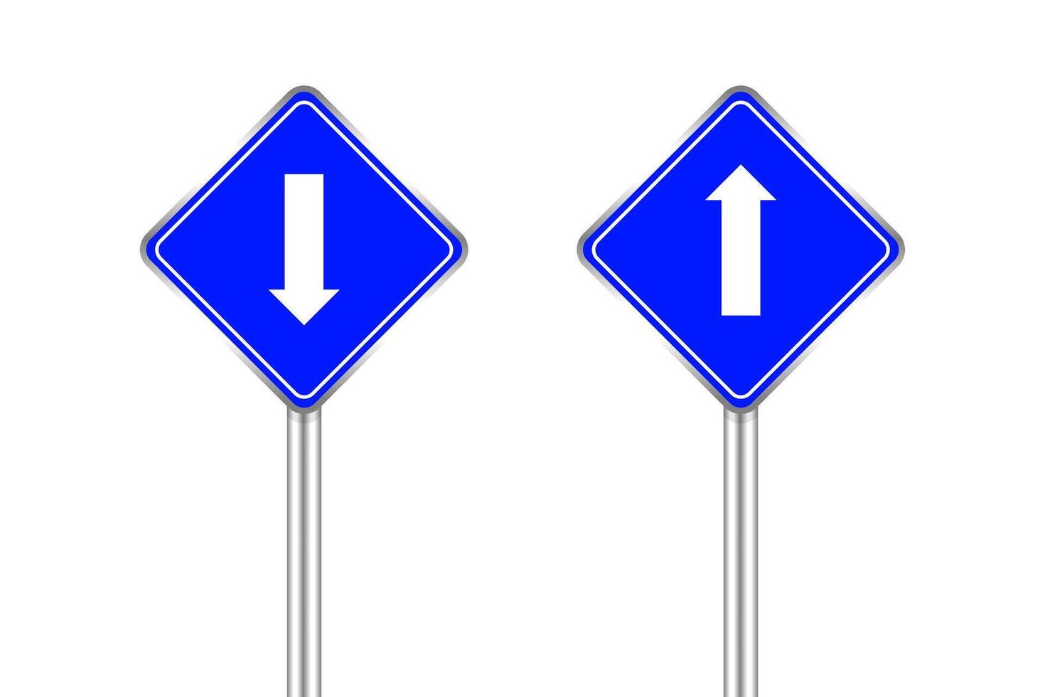road sign blue and white arrow pointing up and down, traffic road sign blue isolated on white, blue traffic sign ahead and down, warning caution sign and steel pole for direction signpost the way vector