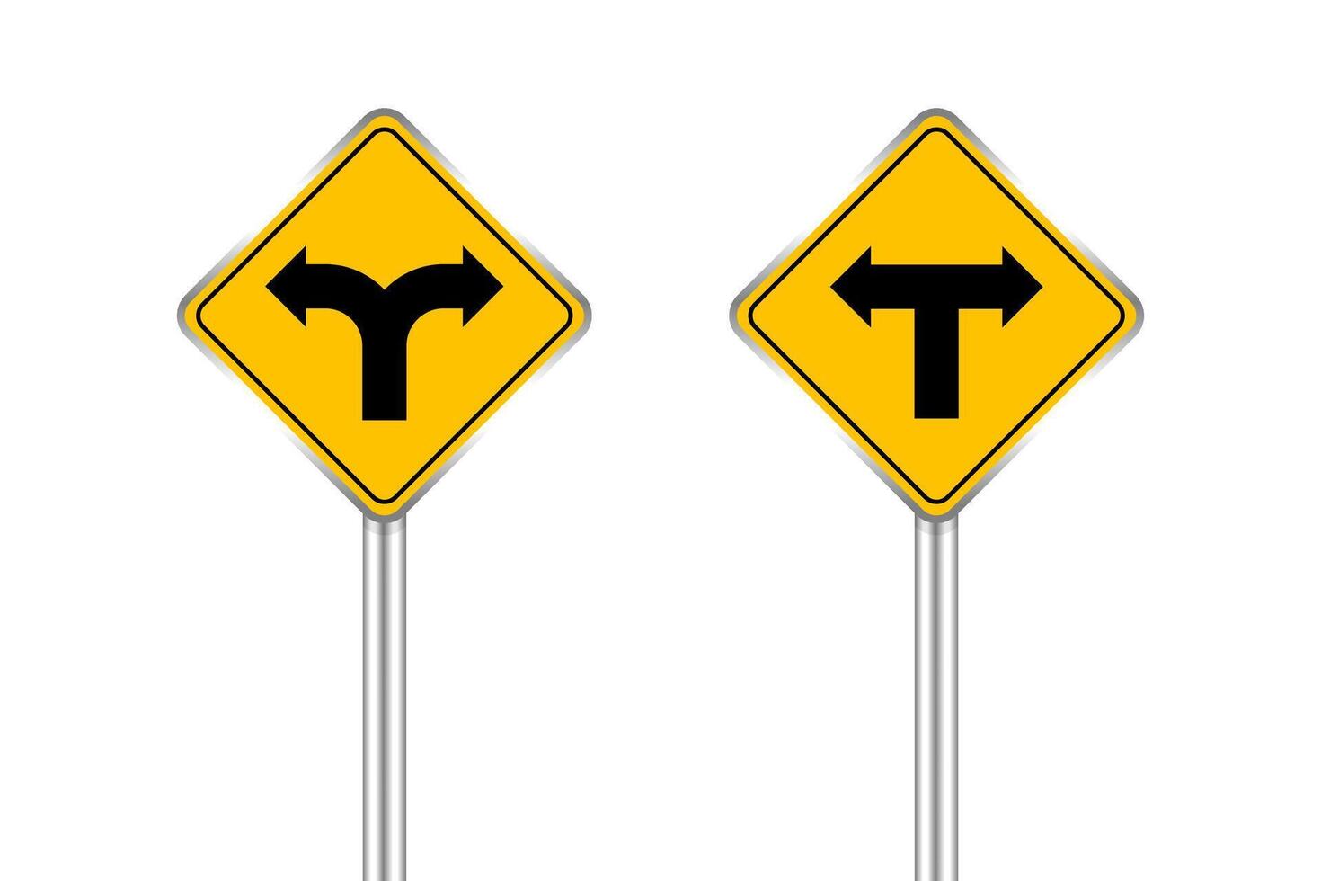 road sign black arrow pointing left and right, traffic road sign yellow isolated on white, yellow traffic sign for left and right, warning caution sign and steel pole for direction signpost the way vector