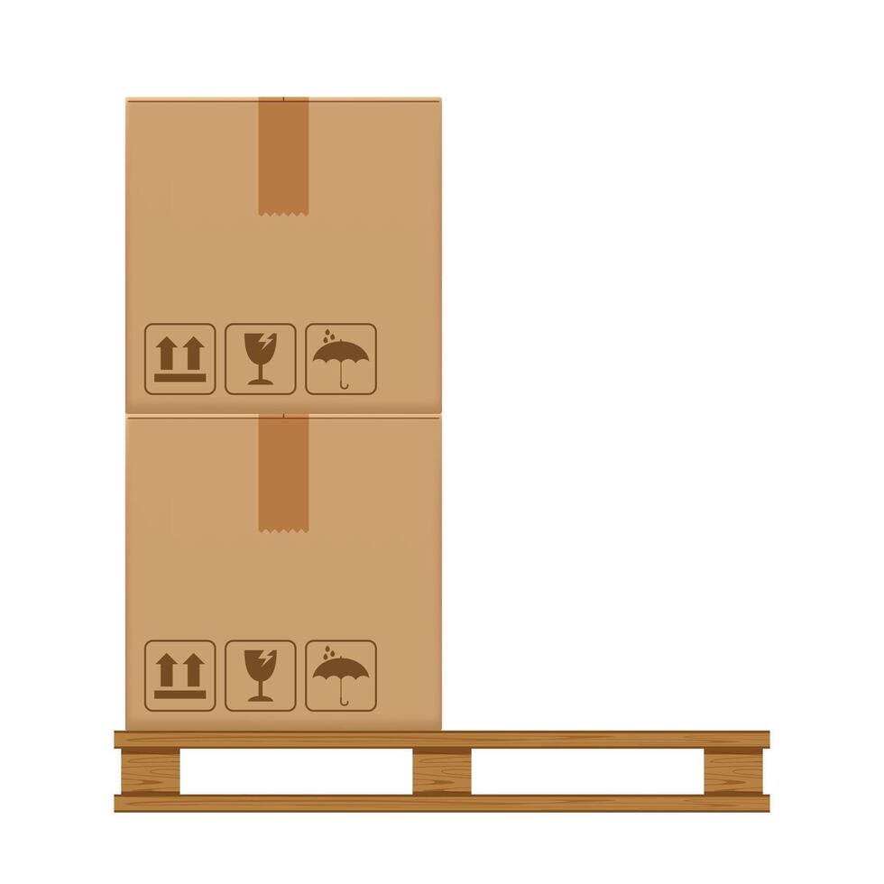 crate boxes two on wooden pallet, wood pallet with cardboard box in factory warehouse storage, flat style warehouse cardboard parcel boxes stack, packaging cargo, 3d boxes brown isolated on white vector
