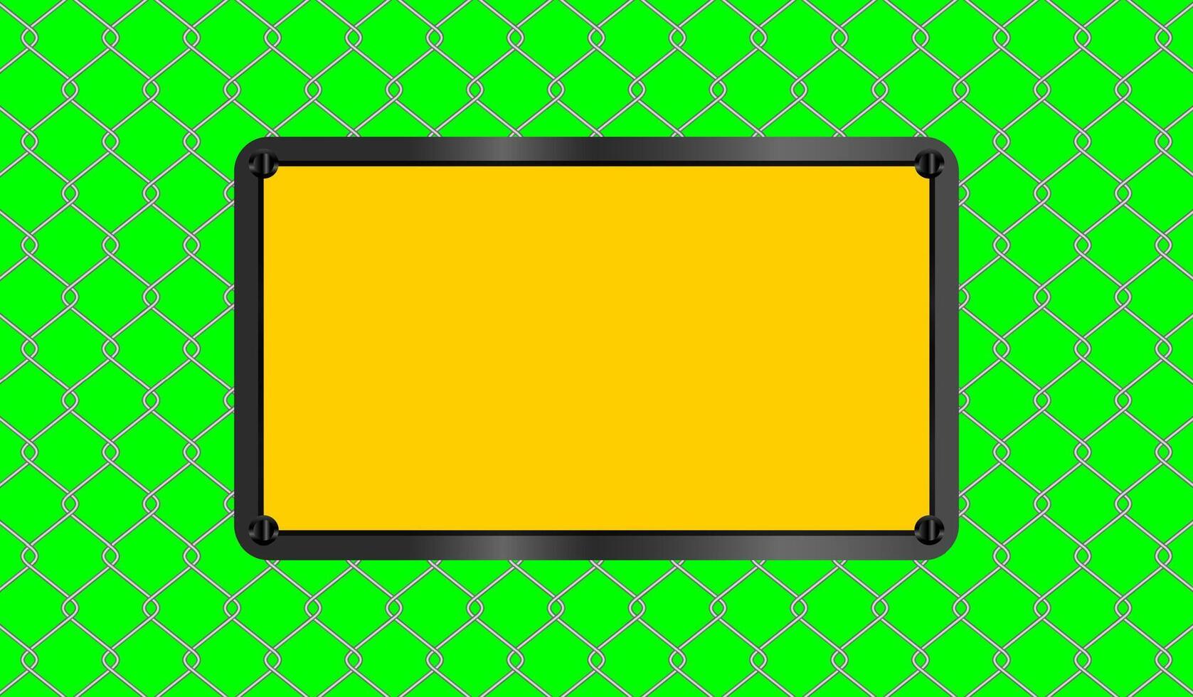caution sign yellow rectangle placed on steel wire fence on green screen background, fence metal grid, wire iron fence isolated on green, copy space vector