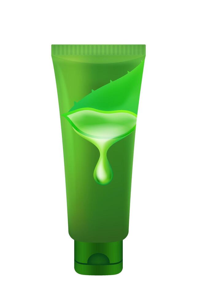 aloe vera tube green for design isolated on white, template tube for aloe vera gel or lotion product, packaging aloe vera cosmetic gel for advertisement, plastic tube graphic green with aloe vera leaf vector