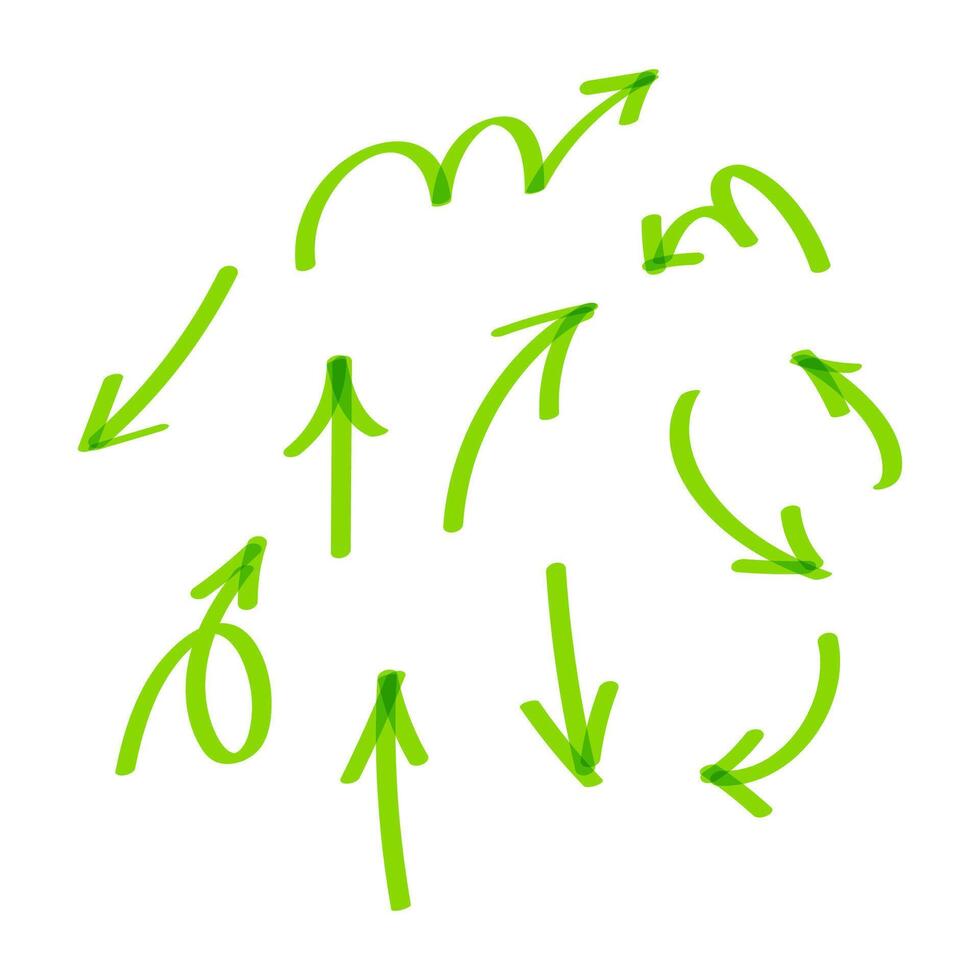 arrow doodle line green, arrow line with the pen marker brush, arrow drawing pointer line for clip art, hand drawn arrow green with free hand shape vector