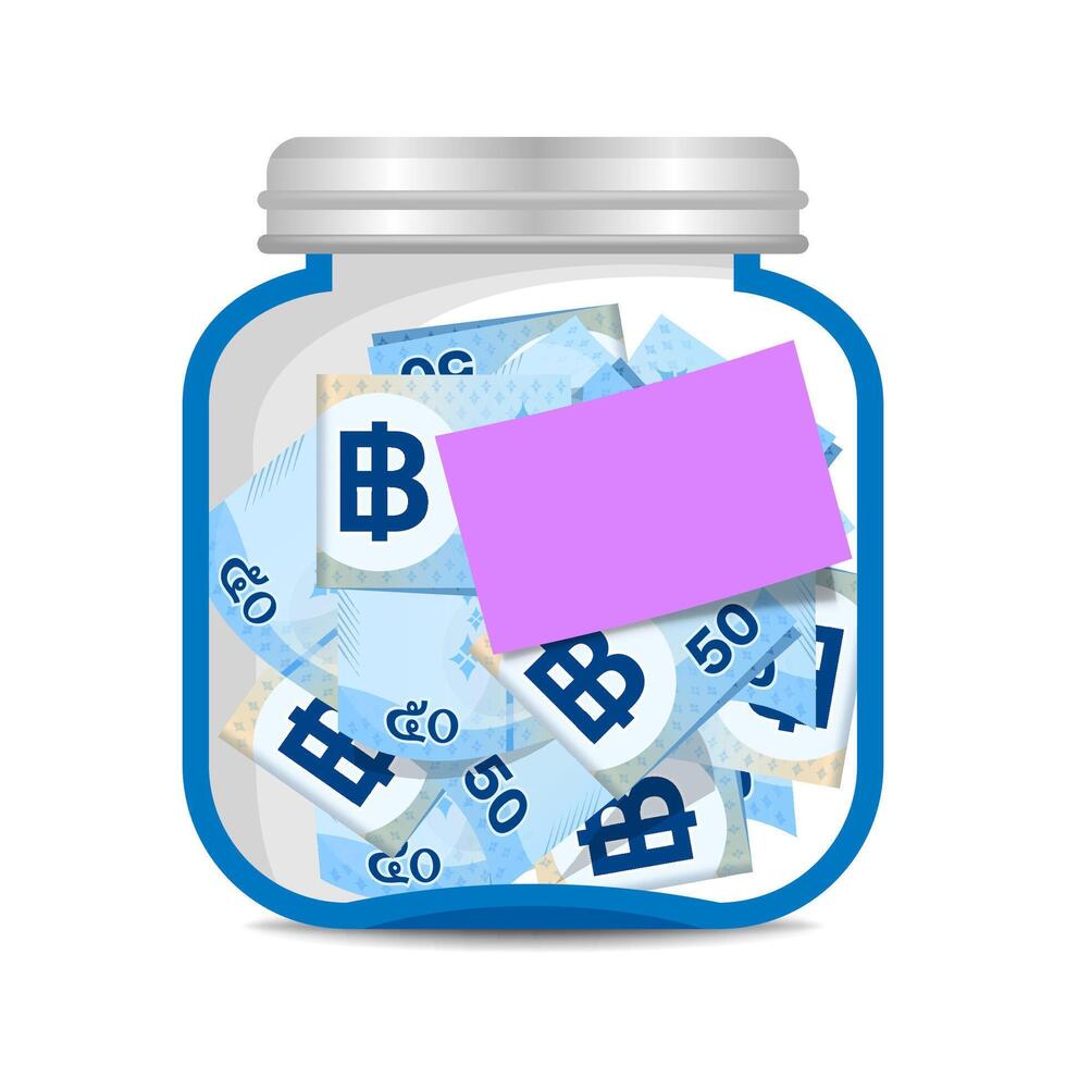 banknote money thai baht 50 in glass bottle and paper note for message, savings concept, banknote money THB and jar money for savings, bank note baht for business finance, paper for copy space text vector
