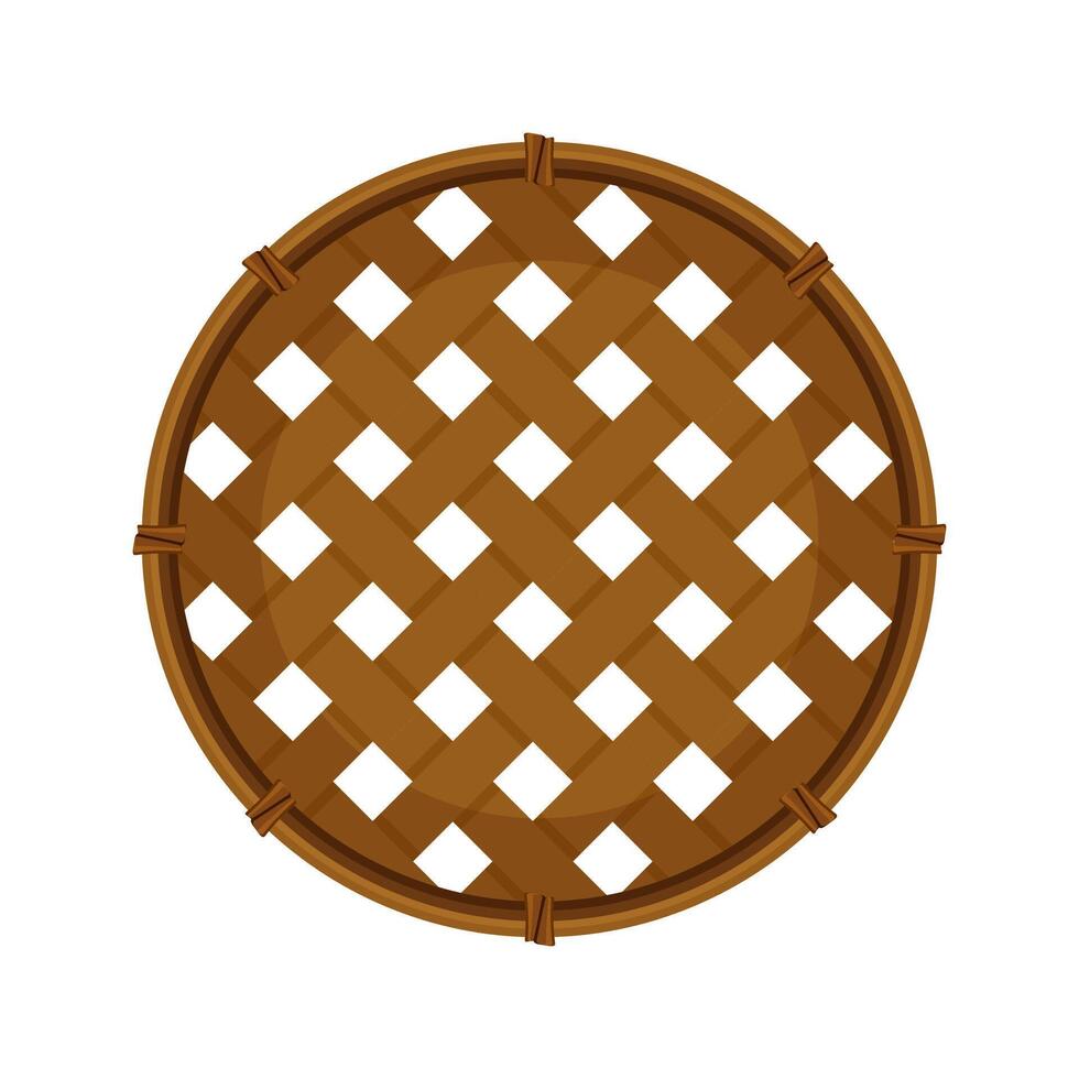 bamboo basket weave brown in top view isolated on white, empty basket weave bamboo or sieve wicker handmade dark brown, handicraft braided basket round shape, bamboo sieve basketry circle vector