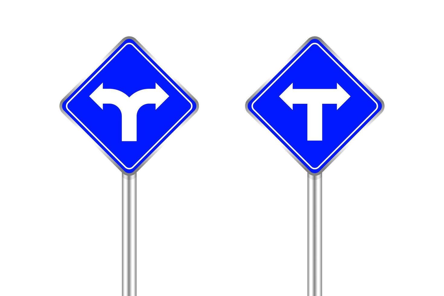 road sign, arrow pointing bend to left and right, traffic road sign blue color isolated on white, traffic sign turn left and right, warning caution sign and steel pole for direction signpost the way vector