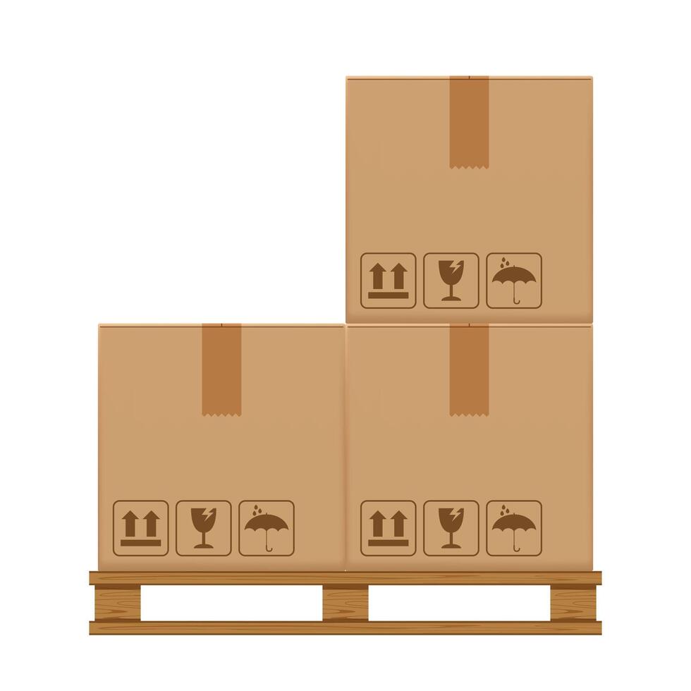 crate boxes three on wooden pallet, wood pallet with cardboard box in factory warehouse storage, flat style warehouse cardboard parcel boxes stack, packaging cargo, 3d boxes brown isolated on white vector