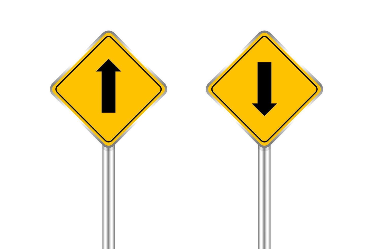road sign black arrow pointing up and down, traffic road sign yellow isolated on white, yellow traffic sign ahead and down, warning caution sign and steel pole for direction signpost the way vector
