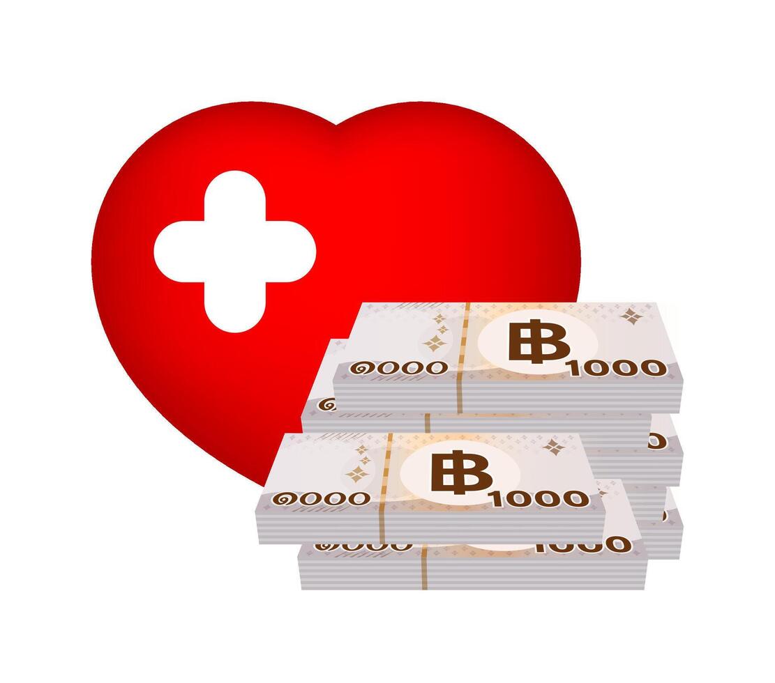 pile 1,000 baht thai banknote money and red heart shape with plus sign, money and life or heart disease concept, heart shape and THB banknote money for insurance concept, money and red heart symbol vector