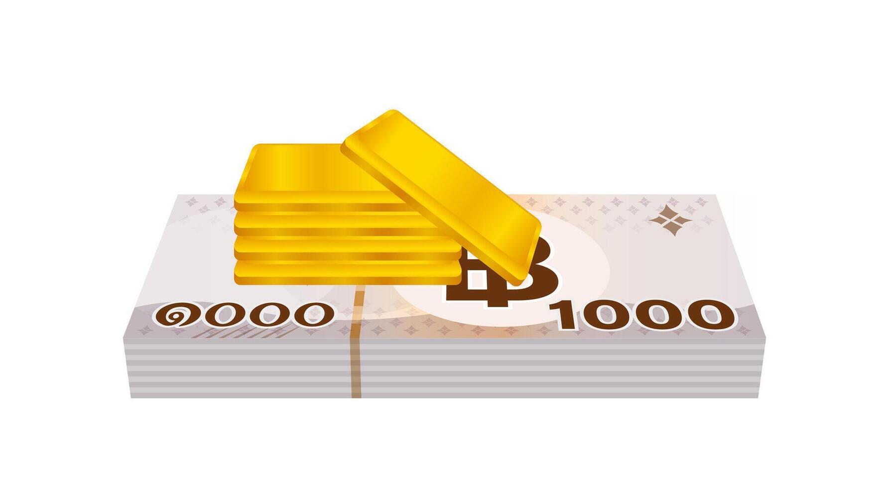 gold bars and stack thai money, gold bullion and banknote THB of thailand, financial business and savings concepts, thai baht money and gold bar vector