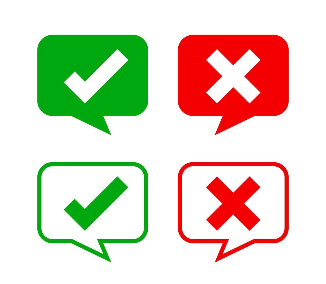 check mark sign in speech bubble square isolated on white, checkmark yes or no vote in speech box symbol, correct choice x or confirm and a deny icon vector