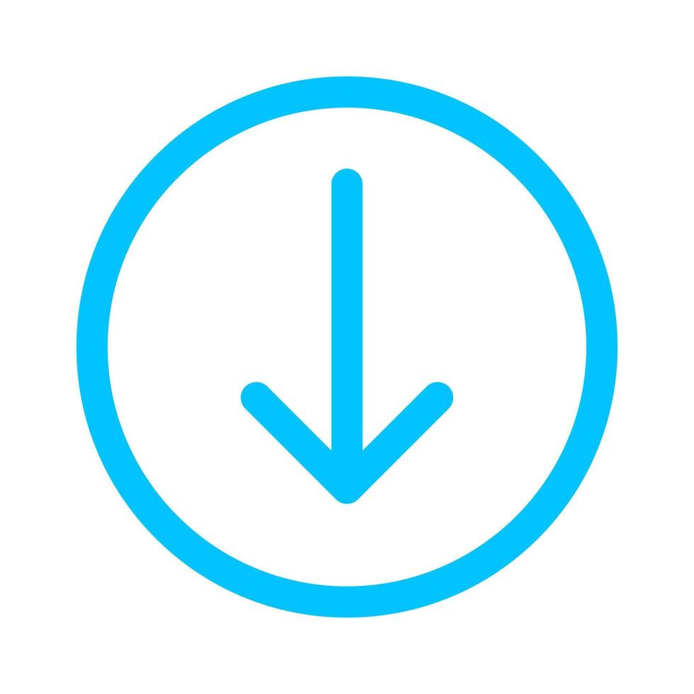 arrow line pointer down in circle blue isolated on white, arrow in circular strokes for direction, arrows button simple graphic, line arrow symbol in circle for ui app, arrowhead symbol for interface vector