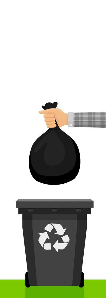 hand holding plastic trash bag and black bin, bags waste and hands throwing garbage isolated on white, plastic bags of garbage waste in hand, bin bag plastic for disposal garbage and copy space vector