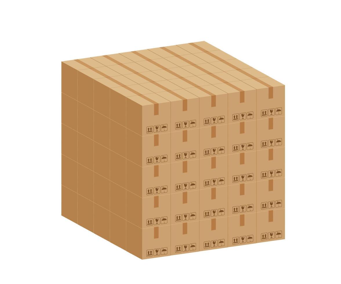 pile crate boxes 3d cube, stack of cardboard box in factory warehouse storage, cardboard parcel boxes stack of warehouse factory, packaging cargo, boxes brown on white background vector