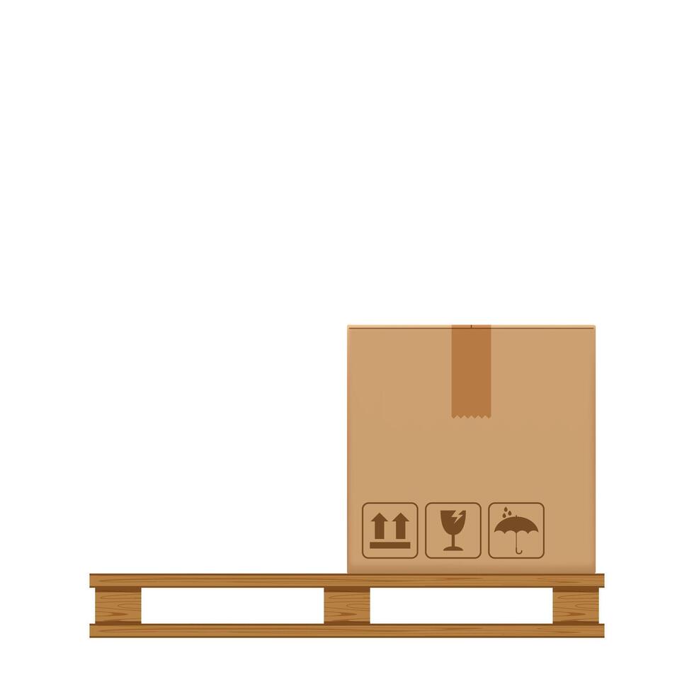 crate boxes on wooden pallet, wood pallet with cardboard box in factory warehouse storage, flat style warehouse cardboard parcel boxes stack, packaging cargo, 3d boxes brown isolated white vector