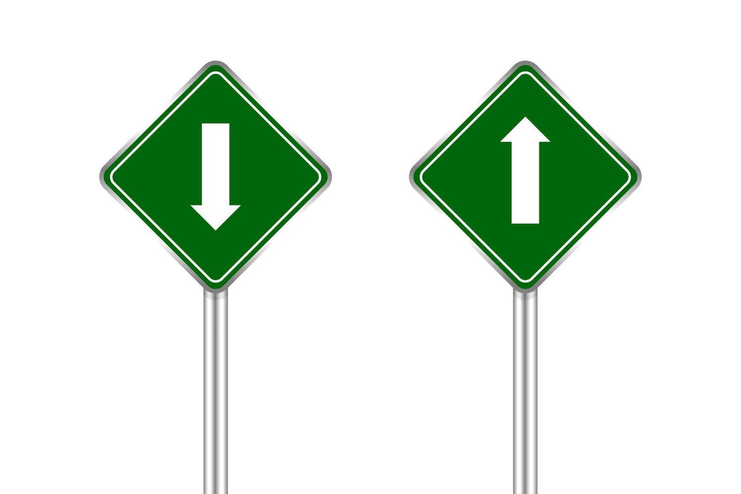 road sign green and white arrow pointing up and down, traffic road sign green isolated on white, green traffic sign ahead and down, warning caution sign and steel pole for direction signpost the way vector