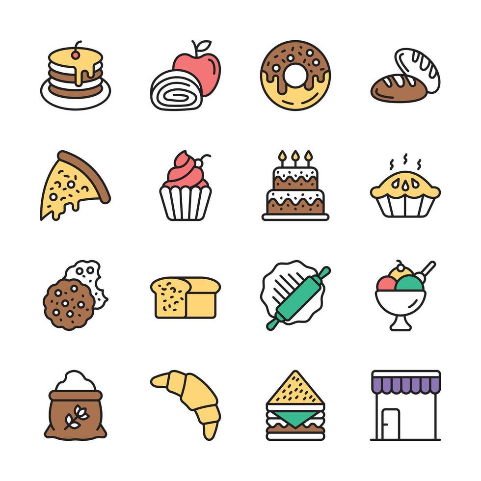 Collection of Bakery Food Items Line Style Icons vector