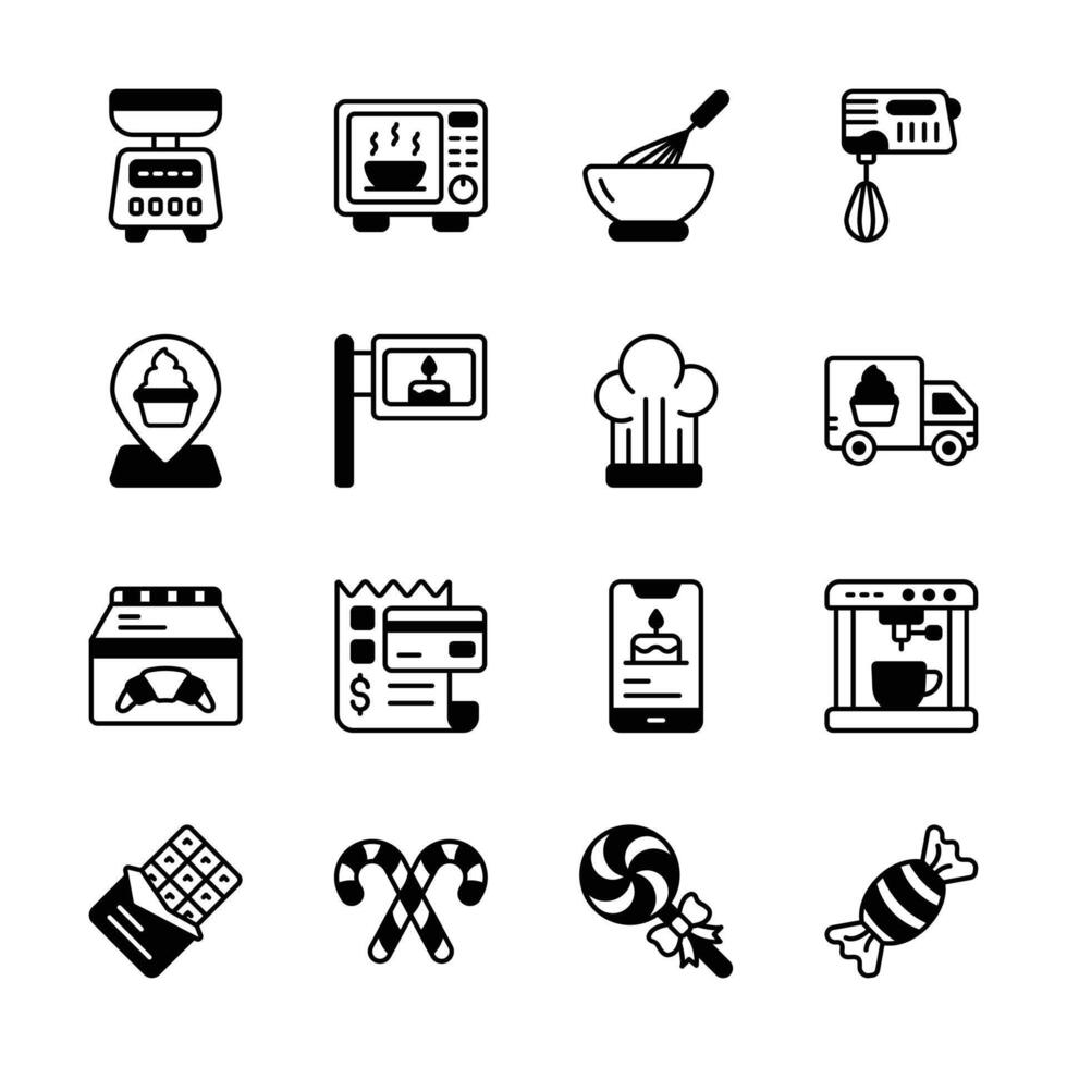 Check out modern set of bakery and confectionery glyph icons.. vector
